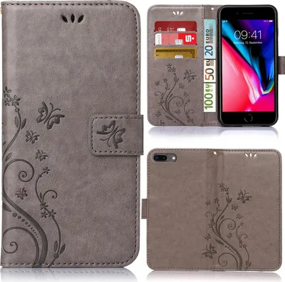 Produktbild von Apple iPhone 8 Plus Bookstyle Flower Look Grau