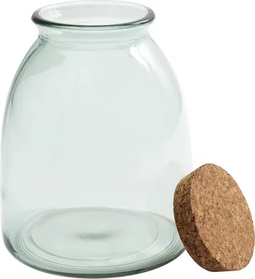 A clear glass jar with a cork lid is shown against a white background.