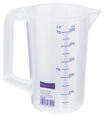Produktbild von Hünersdorff Messkanne 500ml Polypropylen Durchmesser 90 x Höhe 135mm blaue Skala 10:10 transparent - 935000
