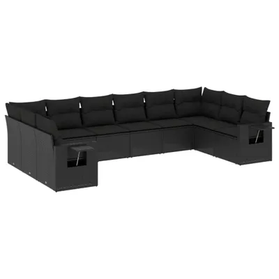 Produktbild von Modulare Garten-Sofagarnitur, 10-teilig, für Terrasse & Balkon, aus schwarzem Poly Rattan, pulverbeschichtetem Stahl, UV-beständig, mit 22 Kissen
