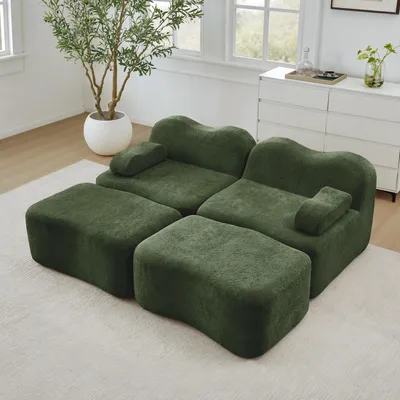 Zdjęcie produktu dla Dwuosobowa sofa modułowa z 2 podnóżkami, aksamit, zdejmowana poduszka na podłokietnik, 192 x 167 x 70 cm, zielona