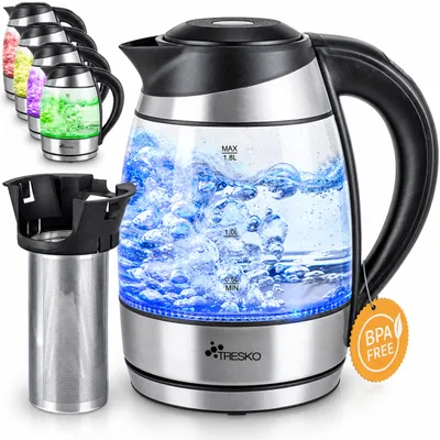 Produktbild von TRESKO® Glas Wasserkocher 1,8L / 2200W mit Temperatureinstellung | Teekocher Edelstahl Touch mit Teesieb & Kalkfilter | 100% BPA FREI | Farbwechsel LED Beleuchtung | 2 Stunden Warmhaltefunktion
