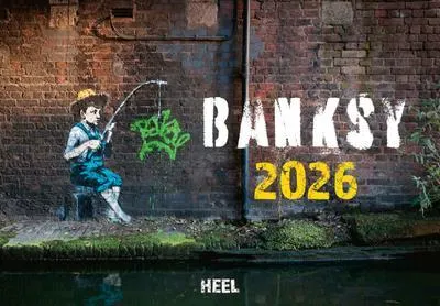 A mural on a brick wall depicting a boy fishing, with the word "BANKSY" and the year "2026" spray-painted on the wall.