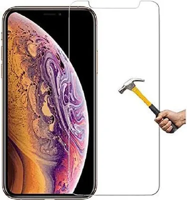 A screen protector for an iPhone is shown with a hammer about to strike it.