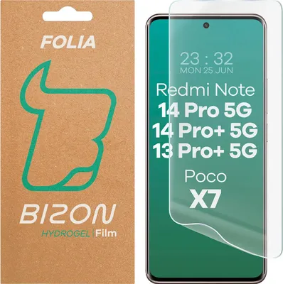 The image shows the packaging for a hydrogel screen protector next to a smartphone displaying a screen protector applied to it.