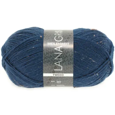 A ball of blue tweed yarn with a label.