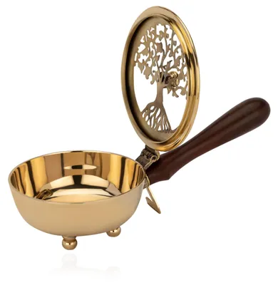Räucherpfanne Lebensbaum Messing, Holzgriff, 20 cm, Gold