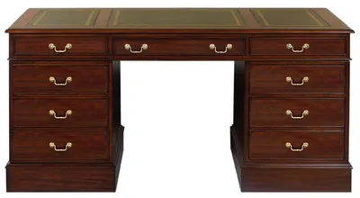 Produktbild von Casa Padrino Luxus Mahagoni Schreibtisch Dunkelbraun / Grün / Gold 140 x 70 x H. 78 cm - Bürotisch im englischen Stil - Luxus Büro Möbel