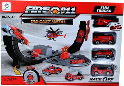 Produktbild von Feuerwehr Stunt-Rennbahn Set 4 Autos Looping Rampe Action Spielzeug Kinder ab 3 Jahren