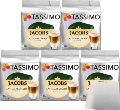 Produktbild von Tassimo Jacobs Typ Latte Macchiato Vanilla 5er Pack (5x268g Packung) + usy Block