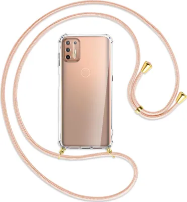 Produktbild von Handykette Backcover-Schutzhülle mit Band (Metall goldfarben) für Motorola Moto G9 Plus - rose peach