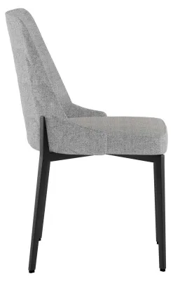Imagen del producto de Silla Ambra con asiento y respaldo tapizados en un tejido gris claro y fácil de limpiar, y estructura y patas de metal resistentes, ideal para el hogar