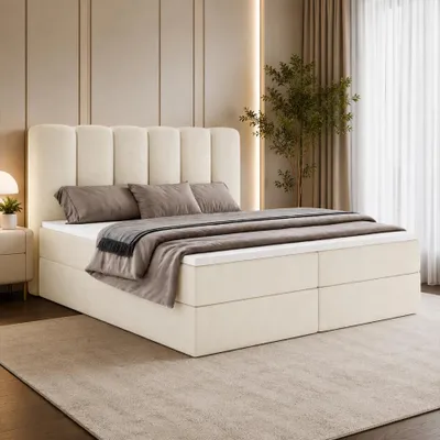 Produktbild von Boxspringbett NOLARO 140x200 cm Komplett-Set mit Bettkasten, Bonell-Matratze und Topper, Bouclé Creme