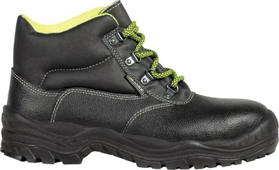 A black work boot with green laces and lining, shown from the side against a white background.
