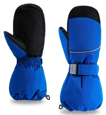 Immagine prodotto di Guanti da sci per bambini, modello muffola, resistenti fino a -15°C, antivento, impermeabili, caldi, colore blu, taglia XXXS (3-6 anni)