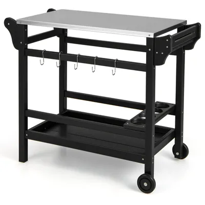 A black outdoor grill cart with a silver tabletop is shown against a white background.