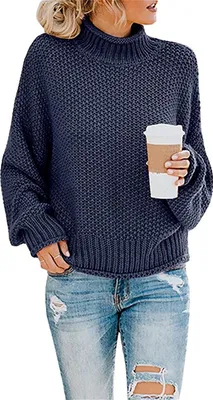 Produktbild von ASKSA Damen Strickpullover Einfarbig Rollkragenpullover Pullover Pulli Knit Sweatshirt, Navy Blau, L