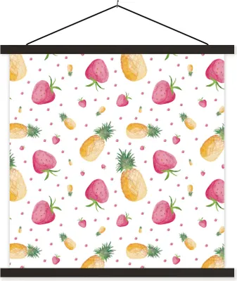 Produktbild von MuchoWow® Textilposter Erdbeeren - Ananas - Aquarell - Schablonen 90x90 cm mit schwarzem Rahmen - Magnetisches