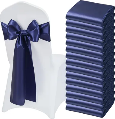 Zdjęcie produktu dla VEVOR Satynowe szarfy na krzesła z kokardami (275x17 cm) 50 szt. wstążki na krzesła do wiązania, wstążki na krzesła na wesela imprezy dekoracje imprezy bankietowe pokrowce na krzesła, kokardy na krzesła granatowe