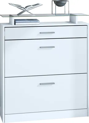 Produktbild von Vladon Schuhschrank Loret 89 x 104 x 23 cm Schuhkipper für 16 Paar Schuhe mit 1 Schublade, 1 Glasablage, Farben Weiß matt & Weiß matt