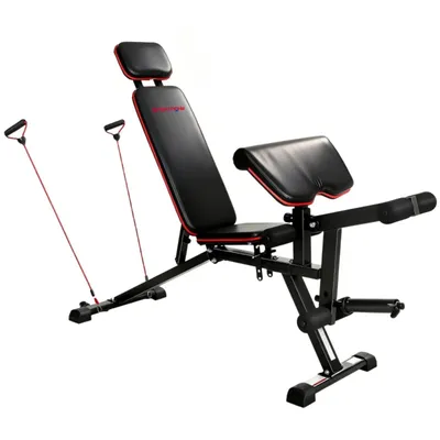 Produktbild von Hantelbank verstellbar bis 300 kg 3 in 1 Trainingsbank mit Rollen Beinstrecker Curlpult Kopfstütze Widerstandsbändern