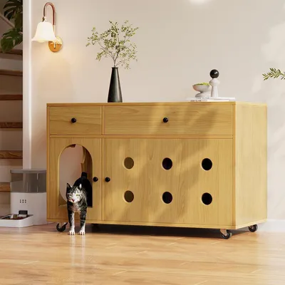 Produktbild von Katzenkloschrank mit abnehmbare Sandablassplatte Haustier-Schrank Katzenschrank Katzenhaus 100×45×66 cm Naturholzfarbe