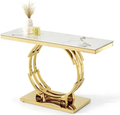 A console table with a white marble top and gold metal base, displayed on a white background.