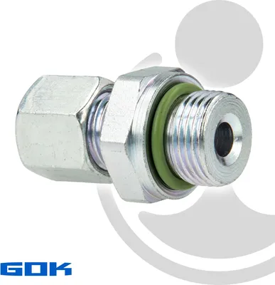 A close-up studio shot of a metal fitting with a green O-ring.