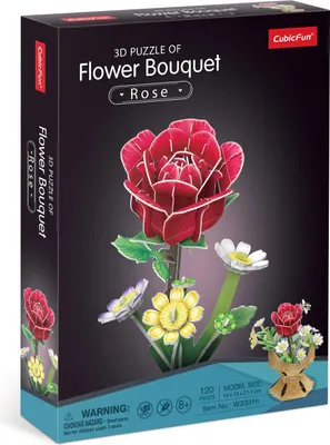 The image shows the packaging for a 3D puzzle of a flower bouquet, specifically a rose.