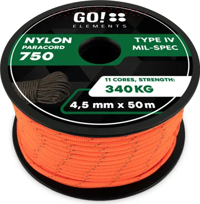 Produktbild von GO!elements 50m Paracord Seil aus reißfester Nylonschnur - 4,5mm Paracord 750 Typ IV Schnur - geeignet als Allzweckseil & Reepschnur - Max. 340kg, Farbe: Orange-reflektierend
