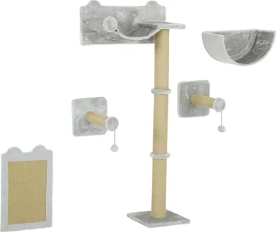 Produktbild von Fortuna Lai Katzen Kletterwand 5 tlg. Klettern Katzenkratzbaum mit Kratzpfosten, Hängematte, Sprungplatt, Wandkratzbaum, Wand Katzenmöbel für Katzen bis 5 kg, Polyester, Hellgrau