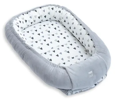 Produktbild von Premium BABYNEST SOLO - GRAU Samt Velour/ Herzchen Grau Baumwolle Nestchen Babyausstattung Geschenk Geborgenheit Komfort für Neugeborene