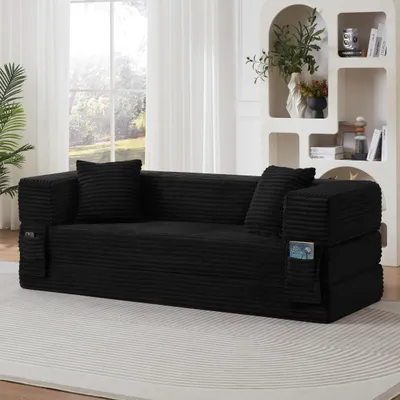Obrázek produktu pro MODFU klasická pohovka, 2-místné relaxační sofa, sedací nábytek a rozkládací postel v jednom, kordový potah, sedací sestava, klasický čtvercový design, černá