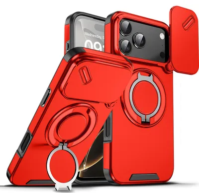 Produktbild von Handyhülle für iPhone 17 Pro Max Dual-Layer Stoßfest Militär Hülle mit Dia Kameraschutz und Magnetisch Ring Ständer Rot