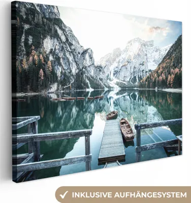 Obrázek produktu pro OneMillionCanvasses® - Obraz na plátně - Příroda - Hory - Sníh - Les - Loď, nástěnný obraz, nástěnné dekorace obrazy obývací pokoj, 80x60cm
