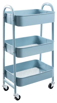 Image de Chariot de service à roulettes, chariot en métal, 3 étages, chariot de cuisine, chariot de bricolage, chariot de rangement pour le salon, la chambre, la salle de bains, le bureau, gris/bleu