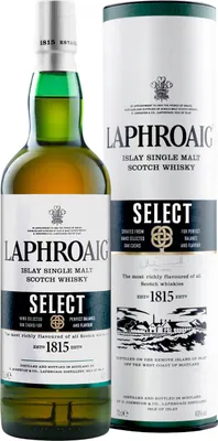 A bottle of Laphroaig Select Islay Single Malt Scotch Whisky and its cylindrical packaging stand side-by-side against a white background.