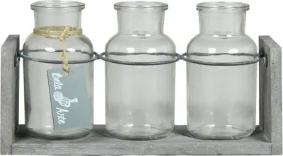 Produktbild von INNA-Glas Glasflaschen Lorrie mit Holzständer, 3 Gläser, klar, 25x8x13cm - Deko Glasflasche