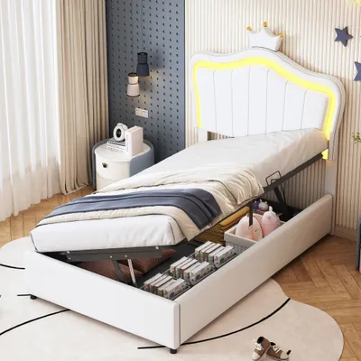 Produktbild von Sweiko Kinderbett Hydraulisches Stauraumbett und höhenverstellbarem Kopfteil mit LED-Beleuchtung und Kronendesign,Hochkastenbett Einzelhochboxbett mit Lattenrost,Weiß 90x 200 cm,ohne Matratze