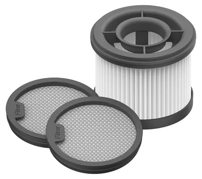 Three vacuum cleaner filters, with one larger filter in the background and two smaller filters in the foreground.