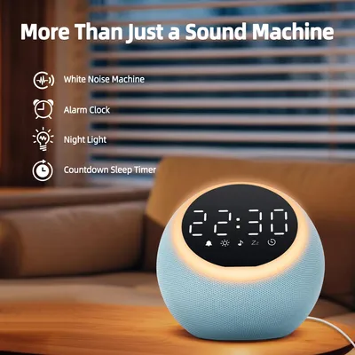 Obrázek produktu pro Světelná budící lampa – Budík – Bílý šum – Stmívatelné noční světlo – Časovač usínání – Nastavitelná hlasitost – Záložní napájení na knoflíkovou baterii – Modrá