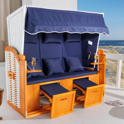 Produktbild von riess-ambiente XXL Strandkorb OSTSEE 150cm blau weiß inkl. Wechselbezug und Kissen 3-Sitzer Ostseestrandkorb