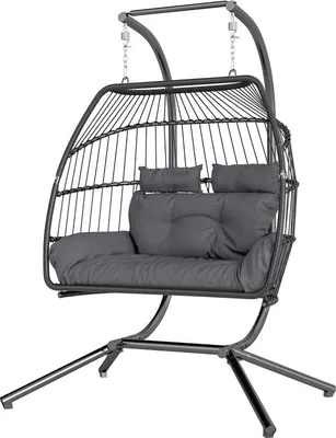 Produktbild von H?ngesessel mit Gestell faltbar H?ngekorb mit Kissen Polyrattan Ergonomisch H?ngeschaukel fš¹r 2 Personen Outdoor H?ngestuhl belastbar bis 260kg Sessel fš¹r Balkon Terrasse Dunkelgrau