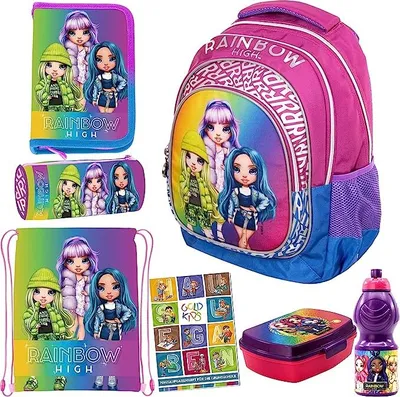 Obrázek produktu pro sada 7 školních batohů batoh penál taška na cvičky box na oběd láhev na vodu sešit Duha Vysoký motiv z prvního stupně základní školy