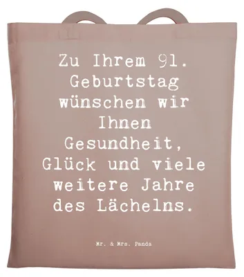 Produktbild von Mr. & Mrs. Panda Tote Bag Spruch 91. Geburtstag - Braun Pastell - Geschenk, Geburtstagsdeko, Happy Birthday, feiern, Geburtstagsgeschenk, Laptoptasche, Stoffbeutel, Alter