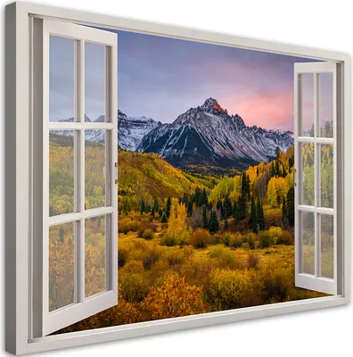 Immagine prodotto di Quadro su tela Vista dalla finestra Montagne Foresta Natura 120x80 Feeby Giallo Quadro per la parete pronto da appendere