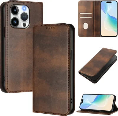 Image de Étui pour iPhone 15 Pro, étui en cuir vintage avec protection RFID, fentes pour cartes, support Marron