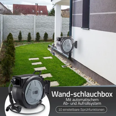 Produktbild von Meisterhome Wand-Schlauchbox 20m/30m + 2 m – Schlauchtrommel Inklusive Sprühkopf - Gartenbewässerung - Gartenschlauch - Automatischer Schlauchaufroller – Wandmontage - 1/2' - Schwarz/Grau, Länge:20 m