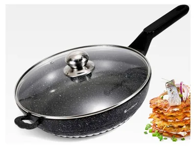 Produktbild von Antihaft-Bratpfanne mit Deckel, Induktionspfanne aus Aluminium mit Marmorbeschichtung für alle Herdarten (Schwarz, 28 cm)