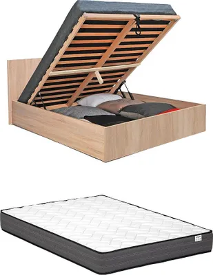 Produktbild von Bett mit Bettkasten 160 × 200 cm - Farbe: Natur + Matratze - ELPHEGE